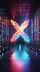 Poster - neon light in server room, futuristic data center, technology concept