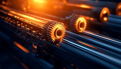 Leinwandbilder - A close-up of metallic gears illuminated by orange light, showcasing intricate details and a futuristic industrial aesthetic.