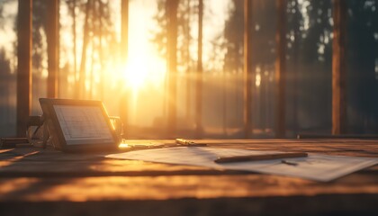 Poster - A serene workspace at sunset, featuring a tablet, papers, and a warm glow filtering through trees, creating a tranquil and inspiring atmosphere.