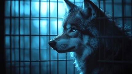 Wall Mural - A wolf with piercing blue eyes stares out from behind bars in a blue-tinged, ethereal setting.