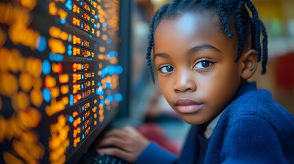 Young Girl Using Computer With Blurry Stock Market Data In Background - Realistic Image