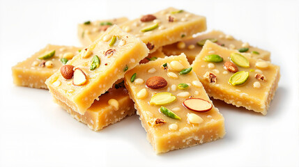 Nougat squares with nuts and pistachios on white background