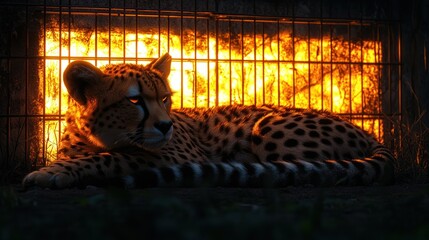 Wall Mural - A cheetah lies in front of a glowing orange window at night, looking directly at the camera.