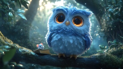 Canvas Print - A cute blue owl with big eyes sits on a branch in a forest with a mouse beside it.