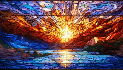 Canvas Print - Stained glass sunset over water