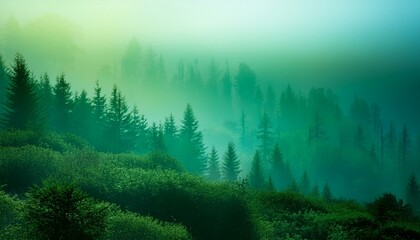 Wall Mural - Misty forest with green hues