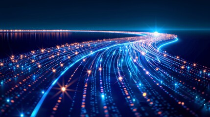 Aufkleber - Digital Highway with Binary Code and Light Trails on Dark Blue Background - Futuristic Technology Concept - Abstract Digital Road in Night Sky - Big Data Flow - 3D Illustration