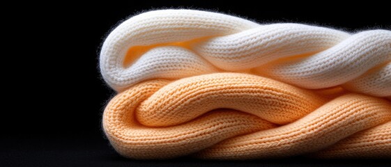 a close-up image of intertwined orange and white knitted fabric against a black background, showcasi