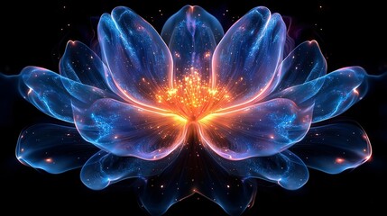 Wall Mural - A glowing blue and orange abstract flower with a dark background