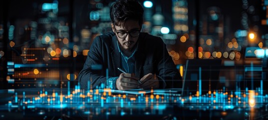 Poster - Businessman Analyzing Sales Data on Tablet with Financial Report and Growth Charts for Market Strategy