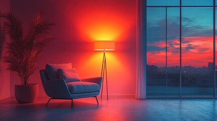 Wall Mural - A cozy living room with a large window overlooking a city skyline at sunset. The room is lit by a warm, orange lamp.