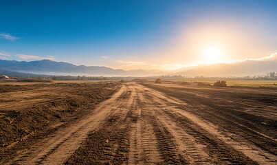 Poster - A tranquil landscape featuring a dirt path leading to a sunset over distant mountains, evoking a sense of peace and natural beauty.
