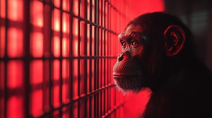 Wall Mural - A chimpanzee looks out from behind bars in a red-lit enclosure.