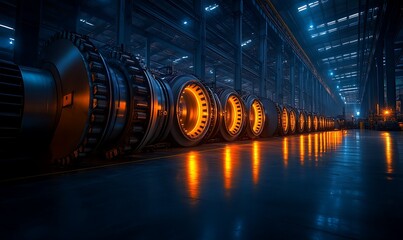 Poster - A futuristic industrial scene featuring large machines with glowing orange components in a dimly lit warehouse.