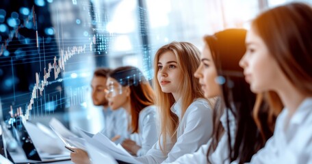Poster - Business professionals collaborate to analyze data trends for improved decision making