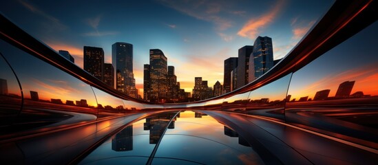 Sticker - A modern city skyline reflected in a curved, glass walkway with a sunset sky.