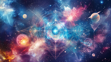abstract art of sacred geometry shapes with stars, planets, and a mystical aura, symbolizing spiritu