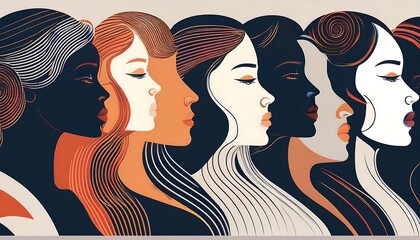 Poster - Six women of different ethnicities and hairstyles in profile, with eyes closed and a modern abstract style.