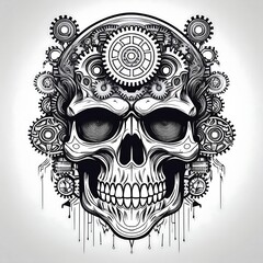 Poster - A detailed illustration of a human skull with intricate gears and cogs surrounding it, evoking a steampunk aesthetic.