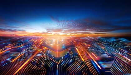 Poster - Abstract digital circuit board with glowing lines in a futuristic landscape.
