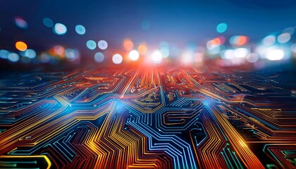 Poster - Abstract glowing circuit board pattern with blurred city lights background.