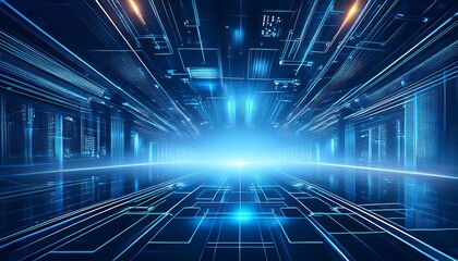 Poster - Abstract digital futuristic tunnel with glowing lines and data patterns.