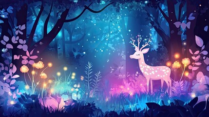 Wall Mural - A Spotted Deer Standing in a Glowing Forest