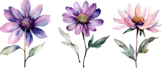 Wall Mural - This image features three artistic representations of flowers, showcasing various shades of purple and pink, with delicate leaves, ideal for decorative or design purposes.