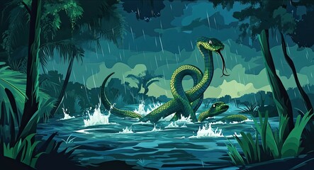 Two Snakes Swimming in a Tropical Rainforest River During a Rainstorm