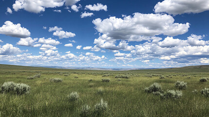 Wall Mural - An open field under a big sky filled with fluffy clouds, radiating peace.