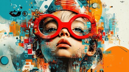 Poster - Capture the charm of a young child wearing oversized red glasses against a vibrant abstract background