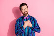 © deagreez - Photo of kind grateful elegant man wear stylish striped clothes feel harmony isolated on pink color background