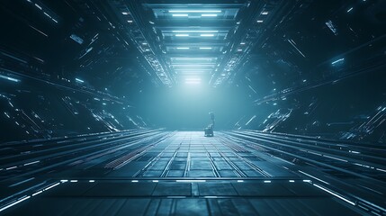 Aufkleber - A futuristic corridor bathed in blue light, featuring sleek panels and a mysterious ambiance, suggesting advanced technology or a sci-fi setting.