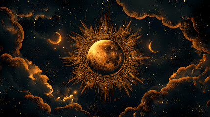 Wall Mural - Elegant and intricate celestial sun and moon embroidered design with balanced cosmic patterns abstract digital of a mystical and spiritual atmosphere. Celestial. Illustration
