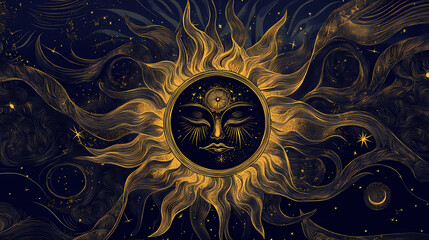 Wall Mural - Elegant and intricate celestial sun and moon embroidered design with balanced cosmic patterns abstract digital of a mystical and spiritual atmosphere. Celestial. Illustration