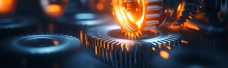 Aufkleber - A close-up view of glowing mechanical gears with vibrant light reflections, symbolizing advanced technology and engineering characteristics.