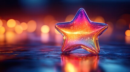 A 3D rendering of a star icon featuring a colorful gradient, suitable for graphic design presentations or backgrounds with a glass effect.