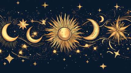 Wall Mural - Magic border with celestial stars sun and moon. astrology fantasy decorative ornament. divider with mystic spiritual symbols. astral minimal design with elegant elements. Celestial. Illustration