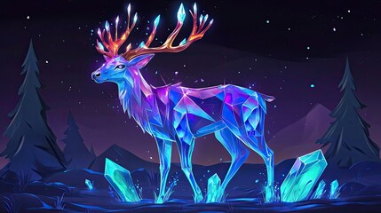 Poster - Crystalline Deer Standing in a Nighttime Forest