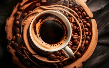 Coffee in the cup with coffee beans in the cafe hot coffee shop espresso made by barista