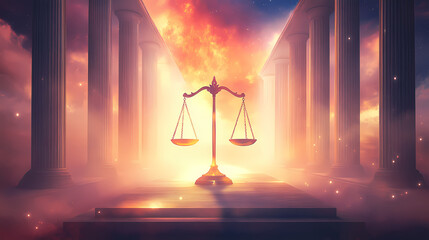 Wall Mural - Representation of justice with a glowing scale set against a celestial background of pillars and soft light. Celestial. Illustration