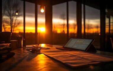 Poster - A serene workspace with a tablet and papers, illuminated by a breathtaking sunset outside large windows, blending productivity with nature's beauty.