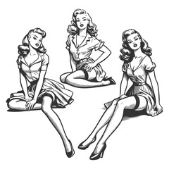 Wall Mural - three women in classic pin-up style, sitting in elegant poses with vintage attire and hairstyles sketch engraving generative ai vector illustration. Scratch board imitation. Black and white image.