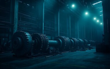 Poster - A dimly lit industrial space features large machinery with intricate gears, casting dramatic shadows against the walls.