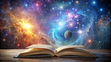 Wall Mural - a cosmic landscape unveiled through open pages of a book, where stars twinkle and nebulas glow