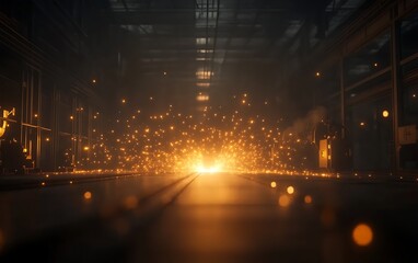 Leinwandbilder - A vibrant scene of sparks illuminating a dimly lit industrial space, highlighting the interplay of light and shadow.