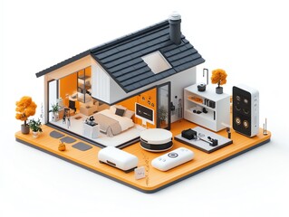 Poster - A 3D illustration of a modern house with an open floor plan, featuring a bedroom, living room, kitchen, and bathroom.