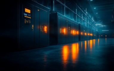 Fototapete - A dimly lit data center hallway featuring rows of equipment with glowing indicators reflecting on the polished floor.