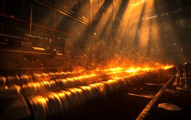 Leinwandbilder - A dimly lit industrial scene with beams of light illuminating molten metal flowing through pipes, creating a dramatic and atmospheric effect.