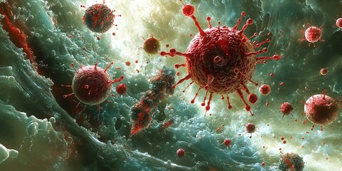 Poster - A 3D illustration of viruses in a cell, depicting the microscopic world of illness and disease.